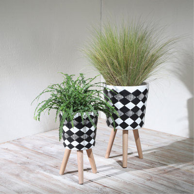 S/2 10/12" DIAMOND PLANTER W/ WOOD LEGS, BLACK(KD)