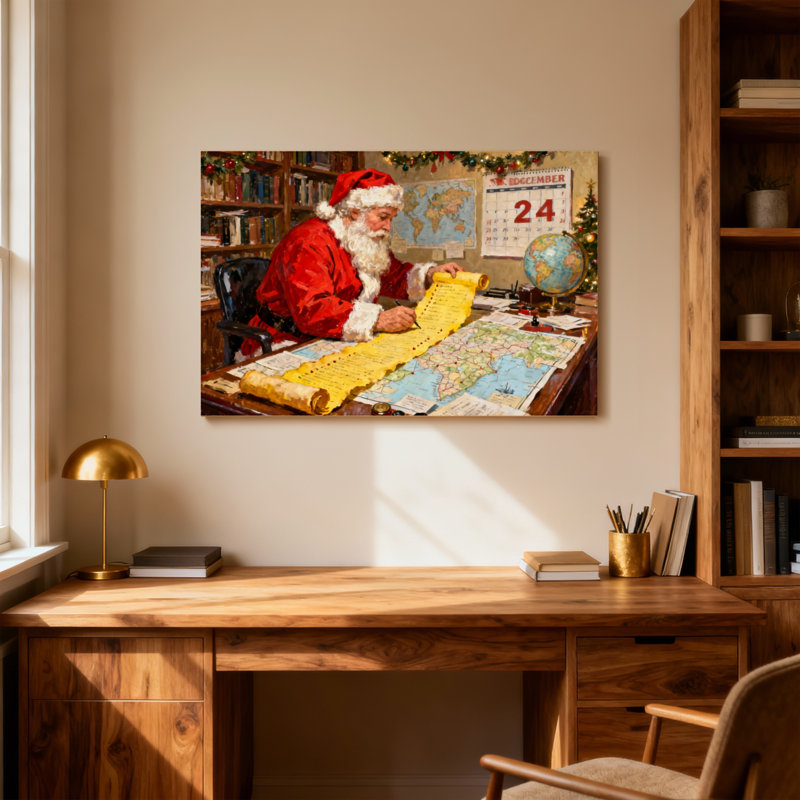 Noël, père Noël, lecture de carte au bureau
