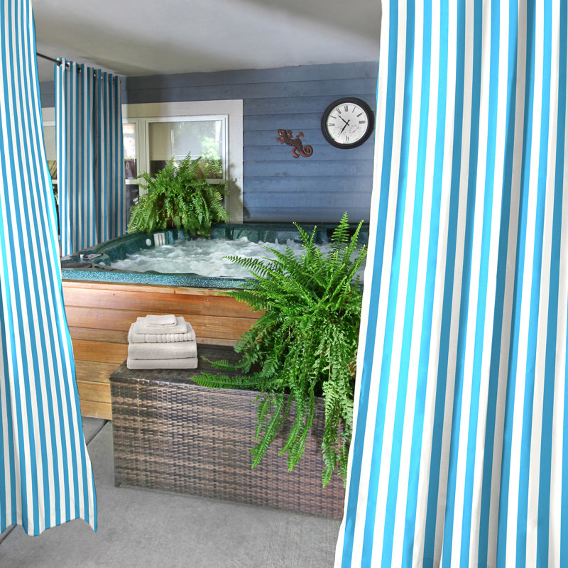 Stripe 54" x 96" Grommet Semi-Sheer Outdoor Curtain Panel, Striped Caribbean Blue, 54" W x 96" H