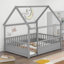 Lit en bois pleine grandeur avec cadre de toit de maison, barrières de sécurité, gris-129582004