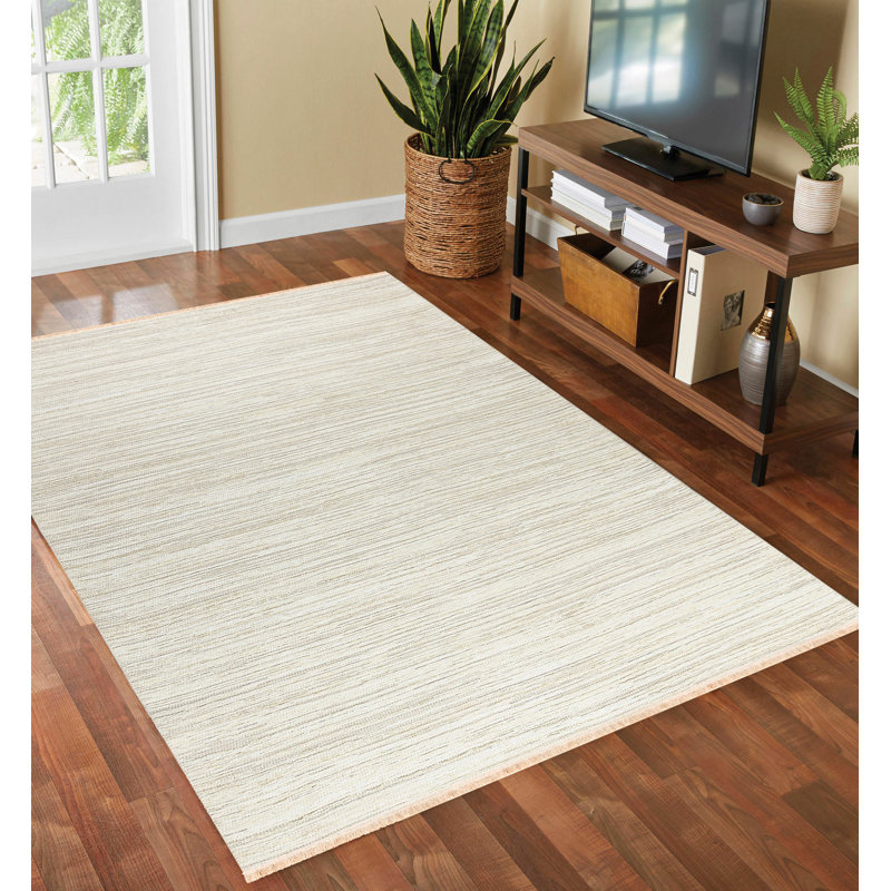 Tapis rayé en polyester noué à la main crème, Rectangle 6 pi 7 po x 9 pi 6 po