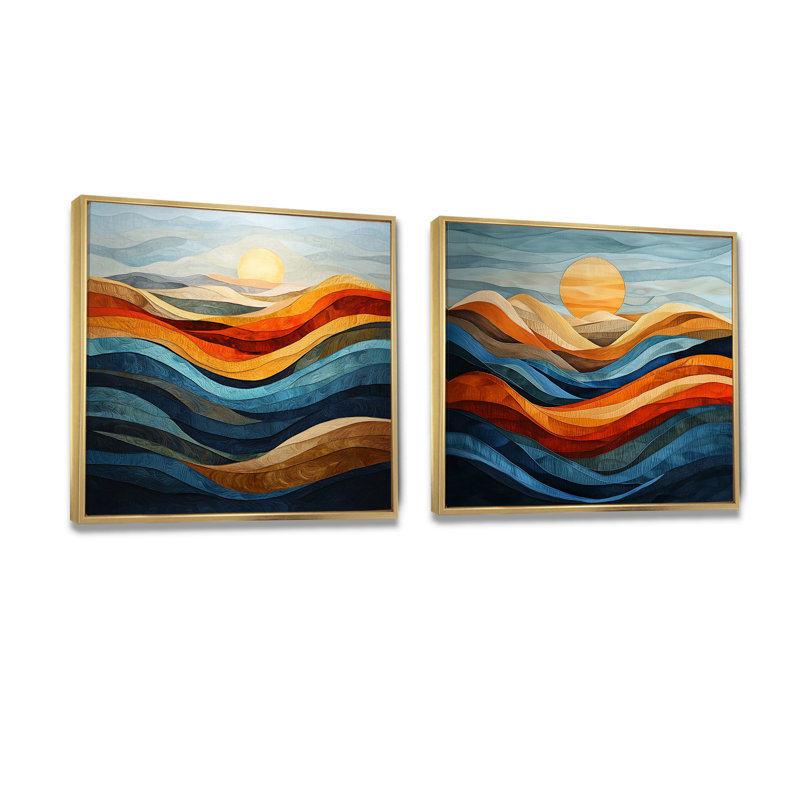 «Blue Orange Bold Mountains Landscape at Sunset I», art mural abstrait - ensemble d'art mural moderne 2 pièces, Doré
