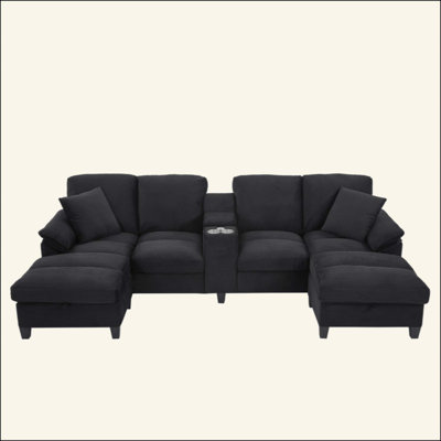 Modern U-Shaped Sofa Sectional Sofa Corduroy Upholstered Sofa Couch With Storage Ottomans, Cup Holders And USB Ports For Living Room