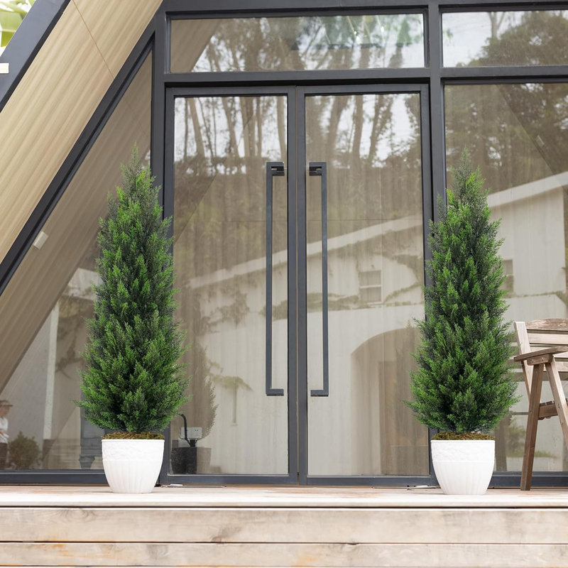 2pièces de cèdre topiaire artificiel, 48 pouces de faux arbustes de pin, faux arbre de soie d'aspect véritable, assemblage facile pour le porche extérieur