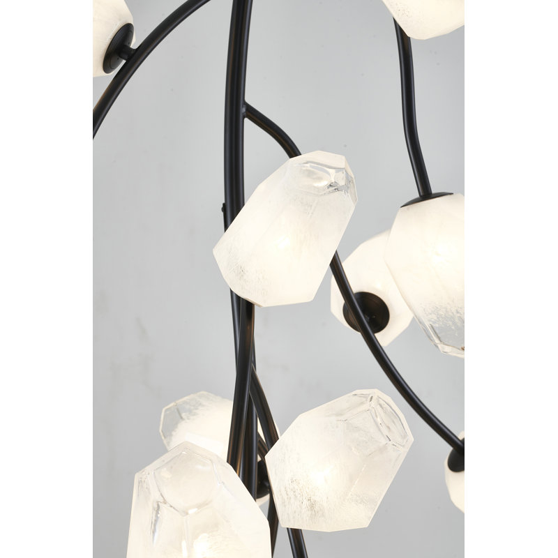 Lustre 22 lumières avec cadre en fer noir et abat-jour en verre blanc, Noir, noir, noir, noir