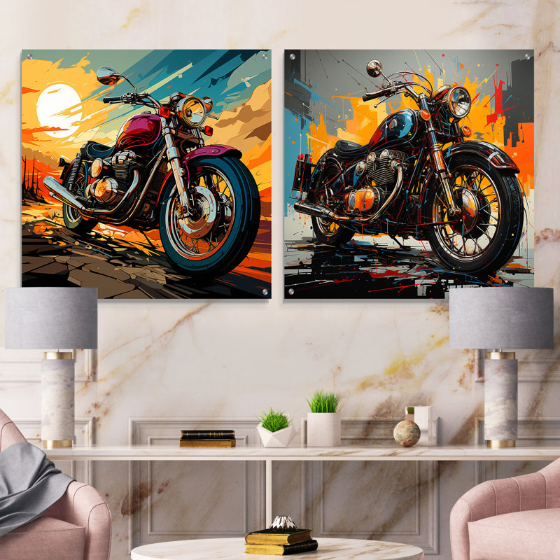 «Moto Rêves sur la route» - ensemble de 2 peintures murales en acrylique, H 36 po x l 73 po