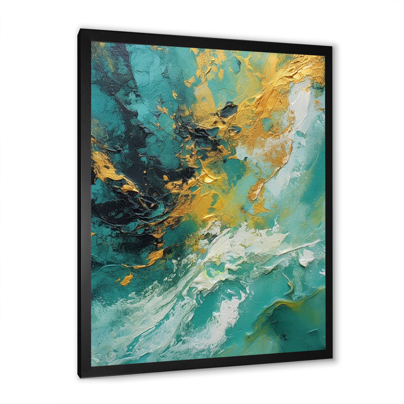 «Golden Turquoise Waves Breaking Abstract I», reproduction d'art sur toile, H 32 po x l 24 po x P 1 po, Cadre photo noir