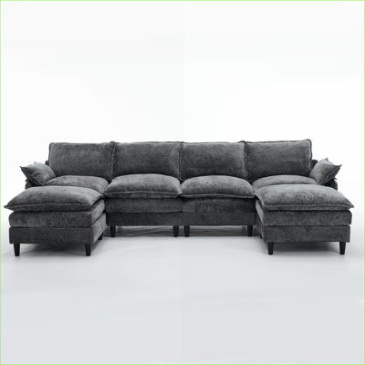 Sectional Sofas, Modern 6-Seater U-Shaped Modular Cloud Couch, 2 Movable Ottomans for Living Room Apartment, Charcoal Gray | Dark Gray | Wood+Fabric