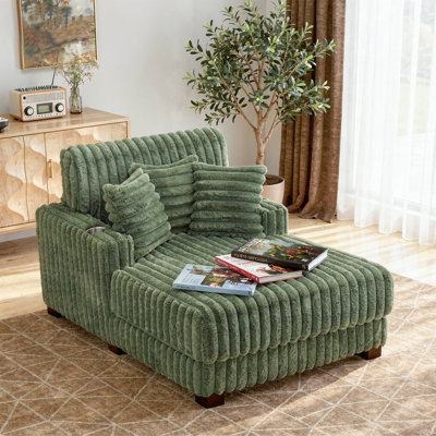 Upholstered Green Faux Fur Chaise Lounge Sofa Bed Couch with Cup Holder and Throw Pillows