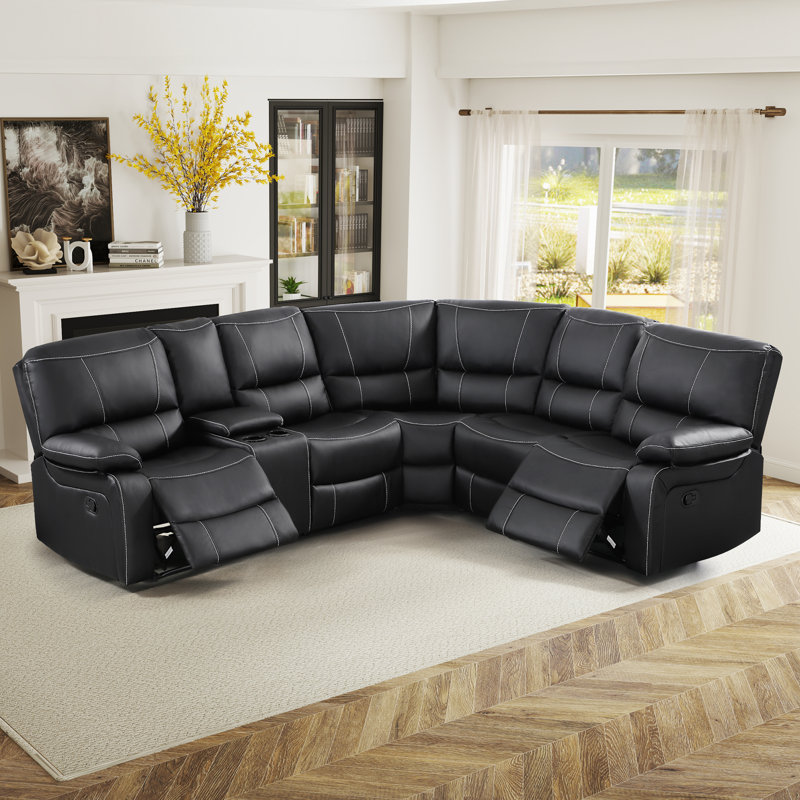 105.8'' Wide Vegan Leather Manual Reclining Sectional With Storage & Cupholder