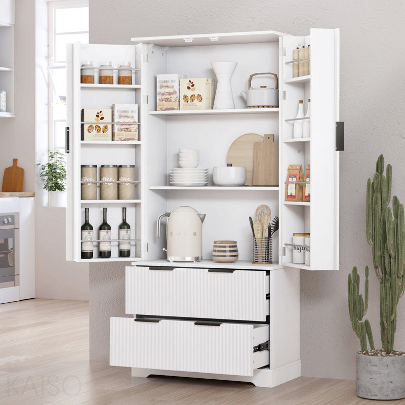 Armoire de cuisine 72 po avec 2 grands tiroirs et support à épices à 8 portes, organisateur de rangement autoportant 72 po