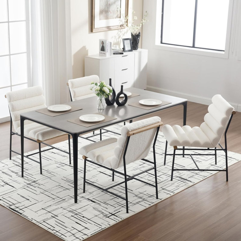Boucle Channel Tufted Dining Chairs Set Of 2 With Metal & Wood Legs, White