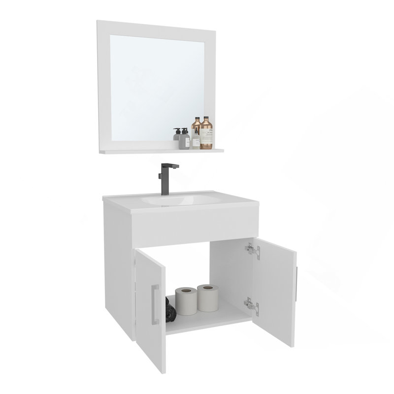 Armoire de salle de bain avec miroir et deux tablettes intérieures, rangement mural blanc, White