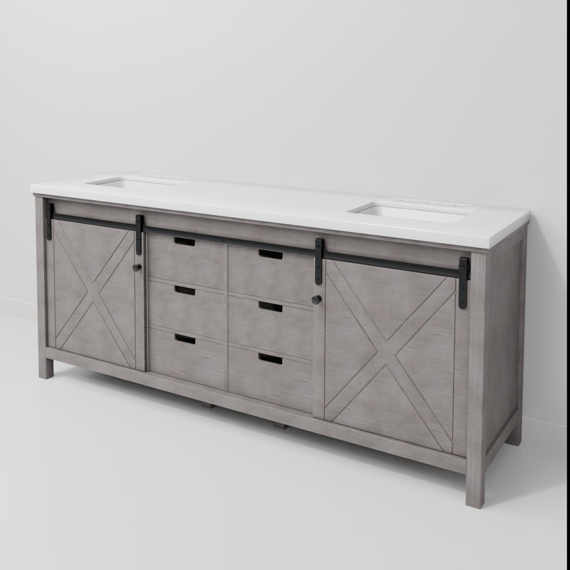 Plateau de meuble-lavabo double l 80 po x P 22 po Marsyas, Quartz blanc, Gris cendre