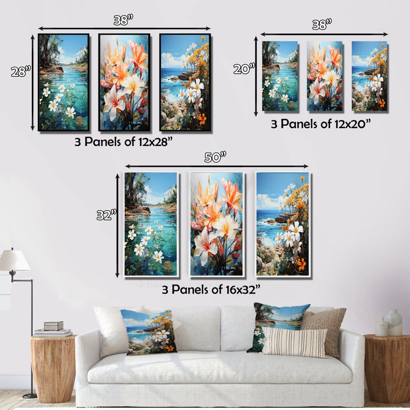 «Plumeria Lake Paradise», 3 pièces sur toile, Cadre flottant doré, H 20 po x l 36 po