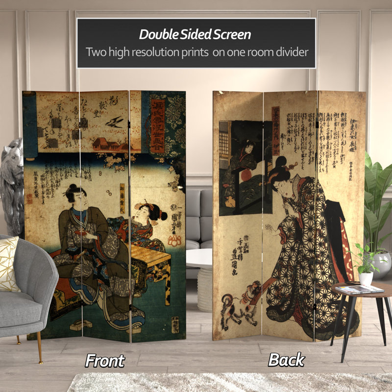 72" x 48" Japanese Double Sided Figures 3 Panel Room Divider