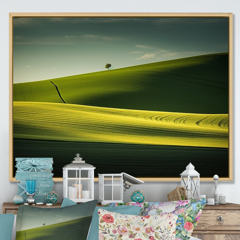 Photo de prairie monochrome verte sur toile, 12" H x 20" W, Black Picture Framed