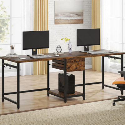 Bureau d'ordinateur 79 pouces pour deux personnes avec tiroirs et tablettes de rangement, table de travail double extra longue avec crochets, bureau d'écriture industriel pour bureau à domicile, brun rustique