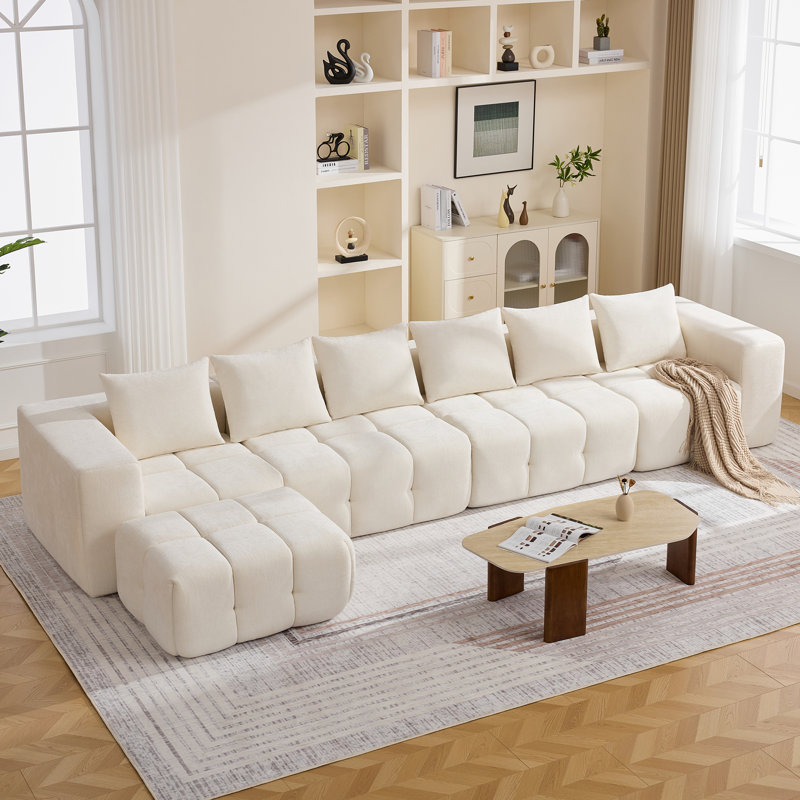 Boneless Modular Sofa Set With Ottoman, Compressed No-Frame Sectional, Beige Chenille, 25" H x 159.8" W x 39.4" D