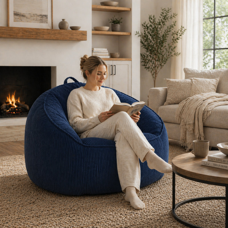 Fauteuil à billes surdimensionné en velours côtelé pour adultes avec accoudoirs, Bleu