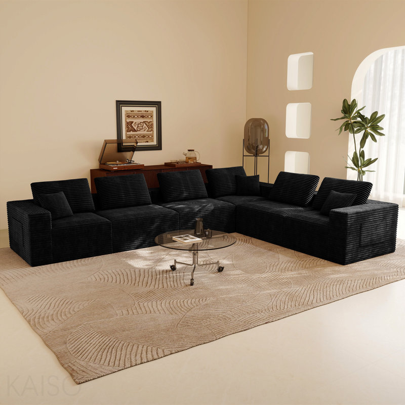 Canapé modulaire 141,73 * 106,30 po, canapé rembourré et compressé pour le salon, la chambre à coucher, un appartement, aucun assemblage requis, combinaison gratuite de 6 pièces, tissu en velours côtelé moelleux, noir