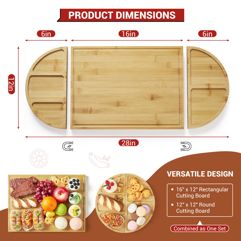 Carbonized Bamboo 3-Piece Magnetic Cutting Boards Large Serving Platter Cheese Board with Deep Juice Groove for Kitchen, Easy to Clean