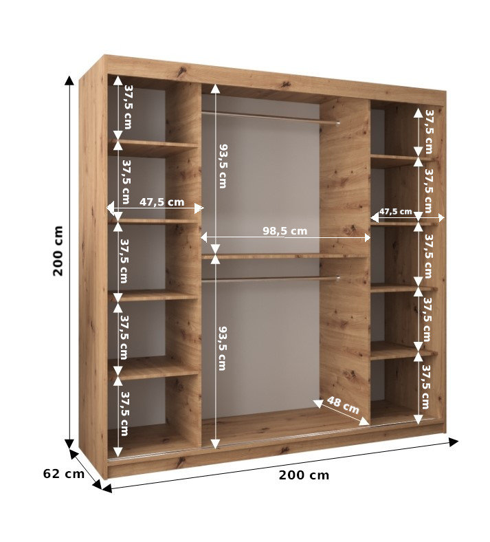 Natalie 2 Door Manufactured Wood Wardrobe, 200 cm H x 200 cm W x 62 cm D, Matt white/Sonoma oak
