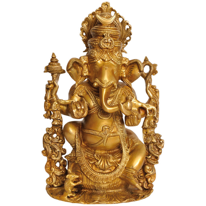 Statue de Ganesha en laiton fait à la main de 13 po avec couronne en forme de croissant de lune - dieu éléphant indien Vinayaka Sculpture - Art spirituel de décoration intérieure - fabriqué en Inde