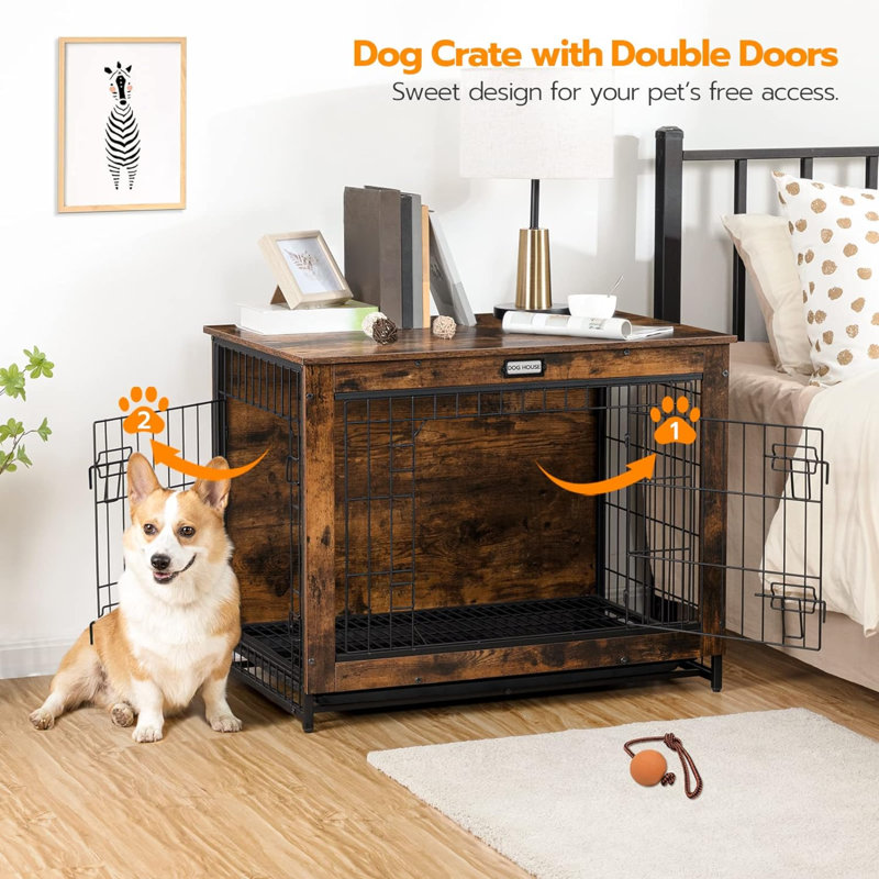 Medium Brown Wooden Dog Crate Table with Metal Bars