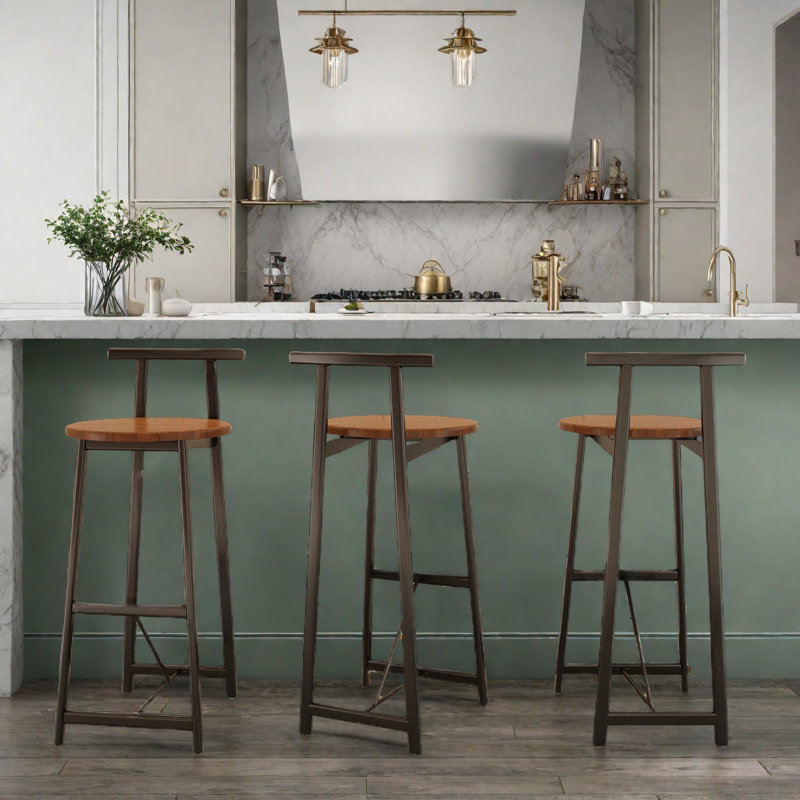 Set Of 3 Bar Stools With Backrest, Footrest And Metal Frame