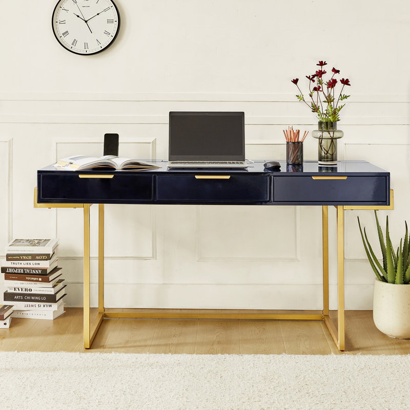 Rothi Modern 62'' W Rectangle Writing Desk with Built-in Charging Station and Cable Management and Slot Holders, Navy
