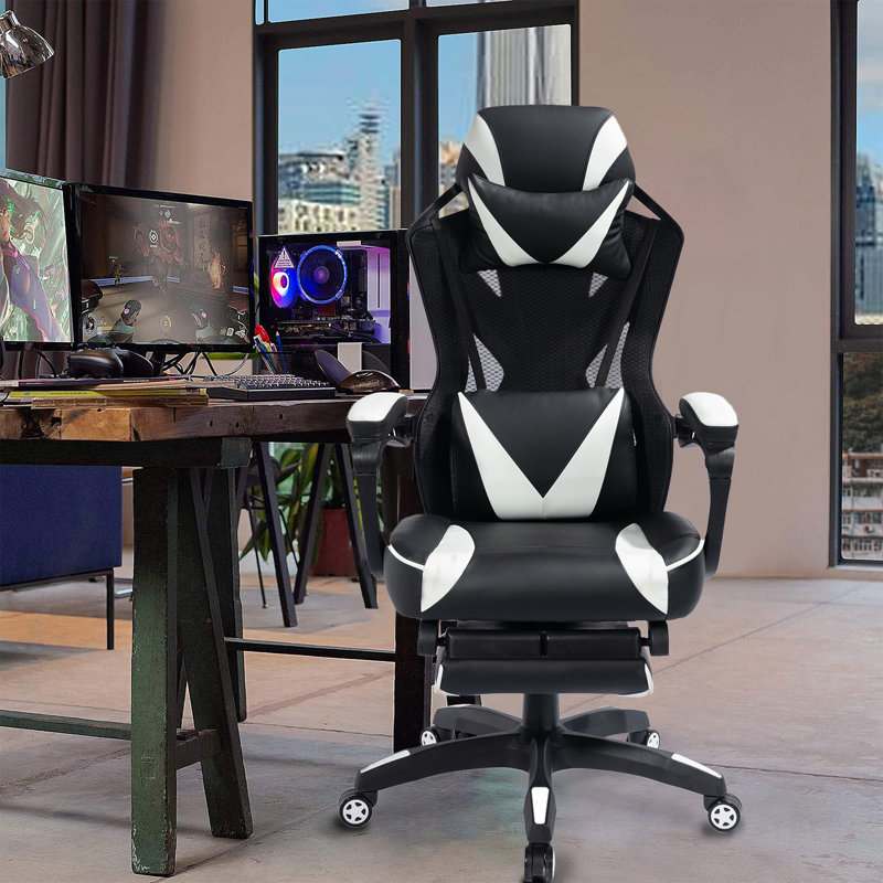Bureau d'ordinateur de course ergonomique à haut dossier avec support lombaire confortable et appui-tête réglable, Blanc
