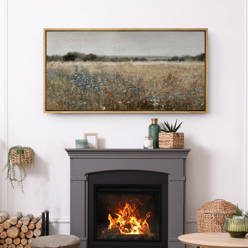 Grande impression sur toile encadrée - impression de paysage de champ de fleurs sauvages rétro pour décor de maison de campagne moderne