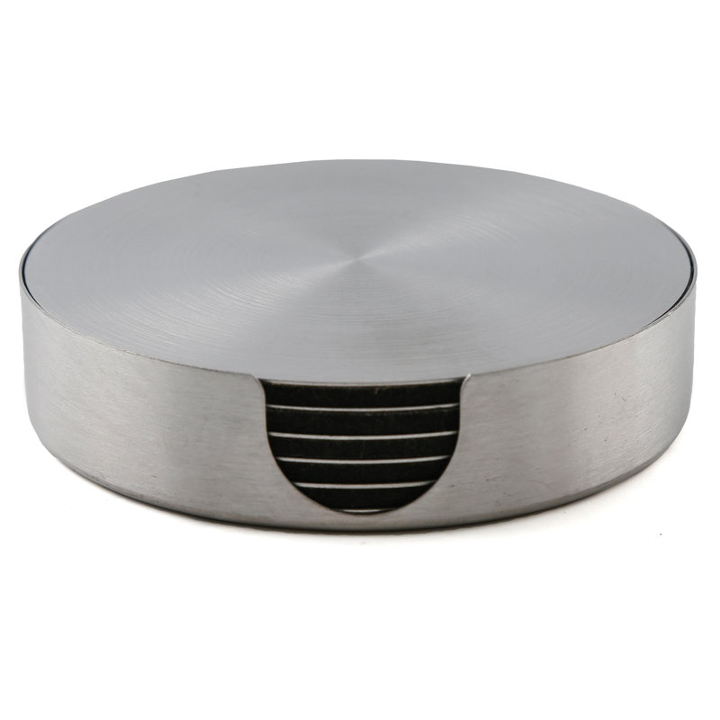 Stainless Steel Round 6-Piece Coaster Set with Holder