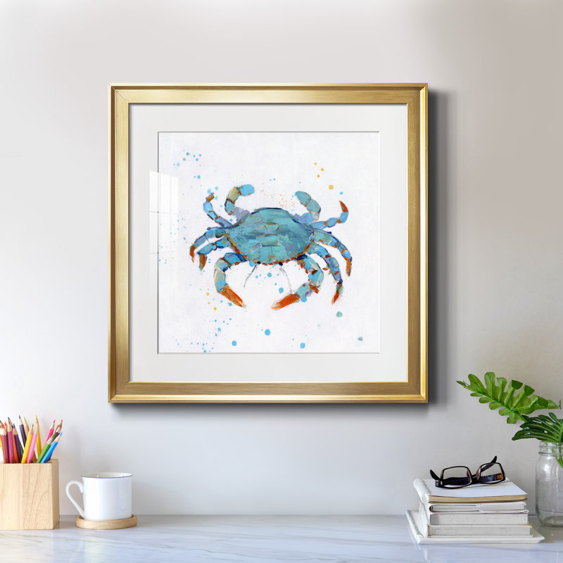 Crabe bleu pétillant - peinture encadrée, Toile encadrée dorée, H 17,5 po x l 17,5 po x P 1,5 po