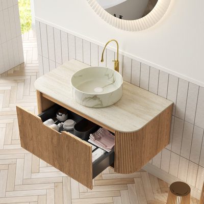DINA 36" Bathroom Vanity&Sink, Floating Curved Edges Striped Cabinet With Drawer, Round Ceramic Basin With Stone Pattern&Travertine-Pattern Sintered Stone Top, Pre-Assembled, Natural Woodgrain Color