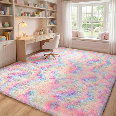 Rainbow Living Room Rugs, 5x7 Area Rug, Performance Rug with 4 Stickers, Soft Shaggy Decorative Rug For Bedroom, Ideal For High Traffic Areas Indoor, Modern Room Decor, Gift For Halloween, Christmas, Thanksgiving, Graduation Season