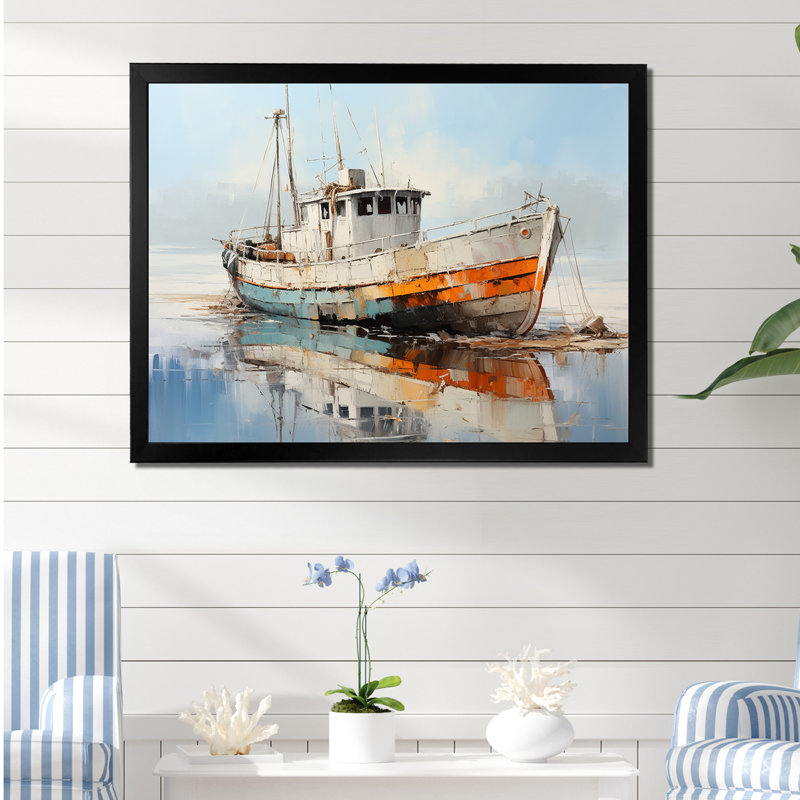 Bateau de pêche au port III - art mural bateau côtier, Cadre simple noir, H 16 po x l 32 po x P 1 po
