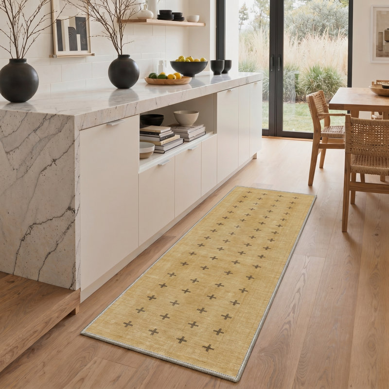 Neutral Yellow Brown Geometric Machine Washable Area Rug with Non-Slip Backing, Modern Abstract Carpet for Hallway Kitchen