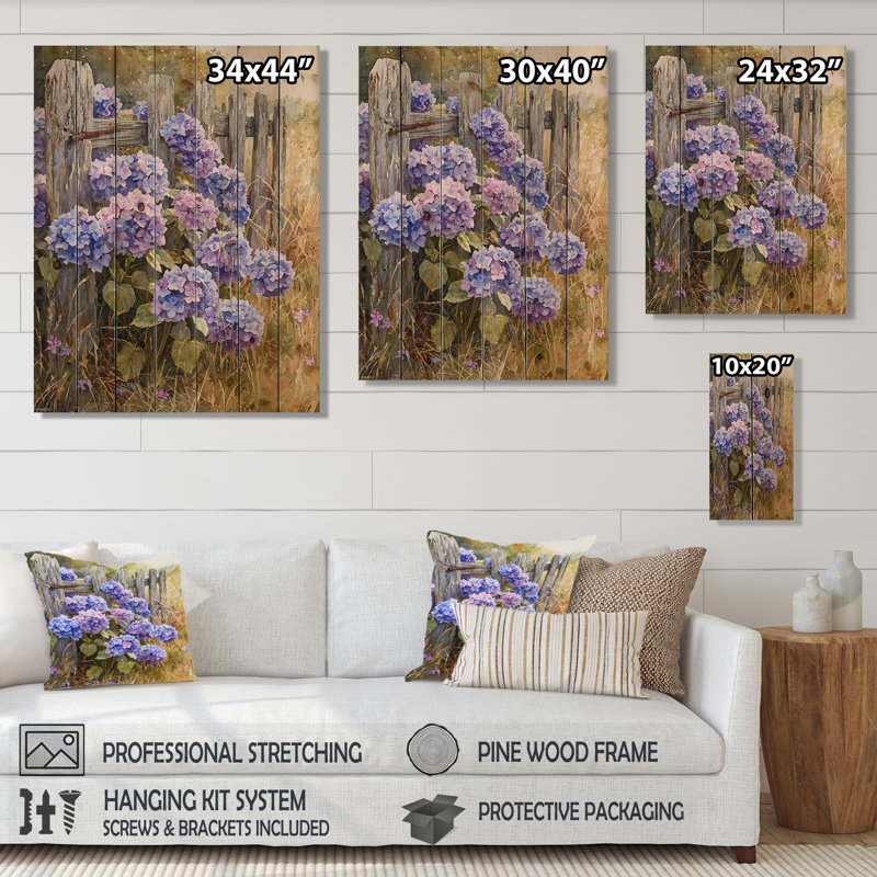 Hydrangées à la clôture de la ferme III - Art mural en bois d'hortensias - sur bois de pin naturel