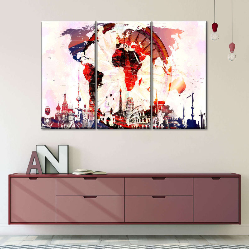 Ensemble de 3 boussoles carte du monde sur toile, H 32 po x l 50 po x P 1,25 po
