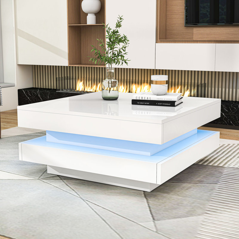 Modern Coffee Table with High-Gloss Finish, LED Light, Storage and Geometric Design, White