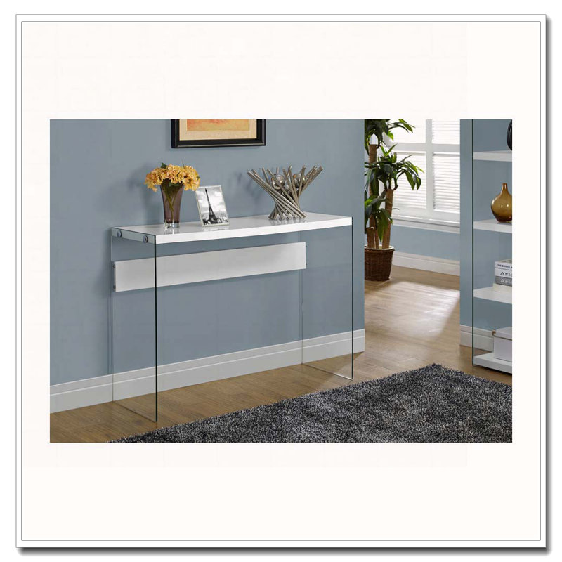 Table d'appoint, console, vestibule, étroit, canapé, salon, chambre à coucher, stratifié blanc brillant, verre trempé transparent, contemporain, moderne