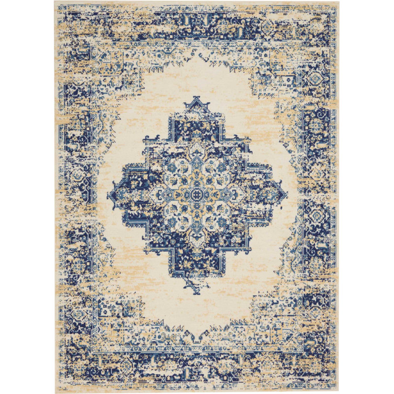 Tapis oriental bleu / ivoire Burnie, Rectangle 7 pi x 10 pi
