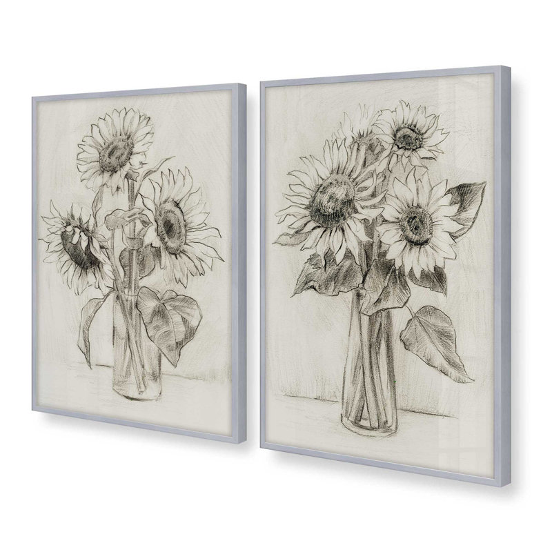 «Happy Sunflower Sketches», ensemble de 2 impressions, 24 po x 18 po, Impression encadrée, Chrome poli