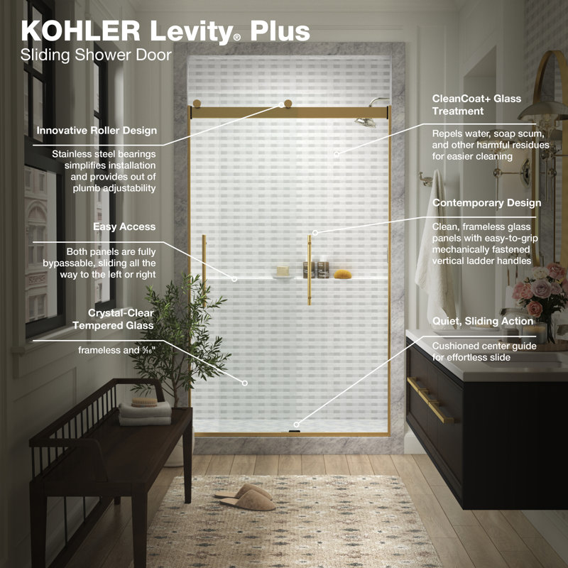 Levity Plus Less Sliding Shower Door, 77-9/16 In. H X 44-5/8 - 47-5/8 In. W, With 5/16 In.-Thick Crystal Clear Glass, Bronze