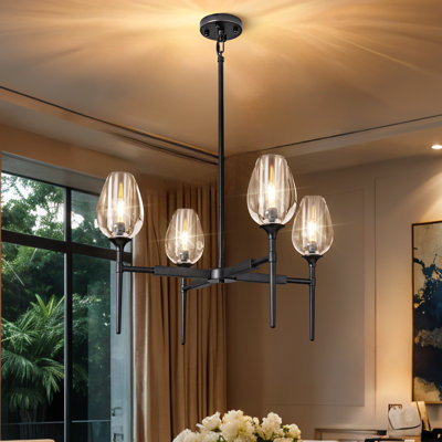 Lustre moderne 4 lumières 27 "avec abat-jours cylindriques en verre pour le salon, la salle à manger