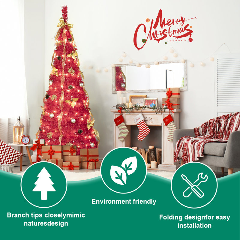 Arbre de Noël 6 pi avec 150 lumières DEL et décorations, H 6 pi, Rouge