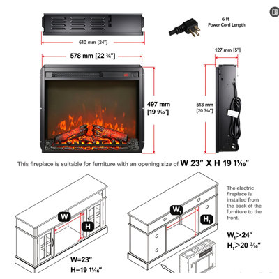 Foyer électrique encastrable 23 po avec flamme réaliste, radiateur encastré ultra-mince avec ensemble de bûches, télécommande avec minuterie et protection contre la surchauffe pour une installation murale