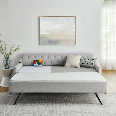 Twin Size Upholstery Daybed With Twin Size Erectable Trundle And USB Charging Design, Linen